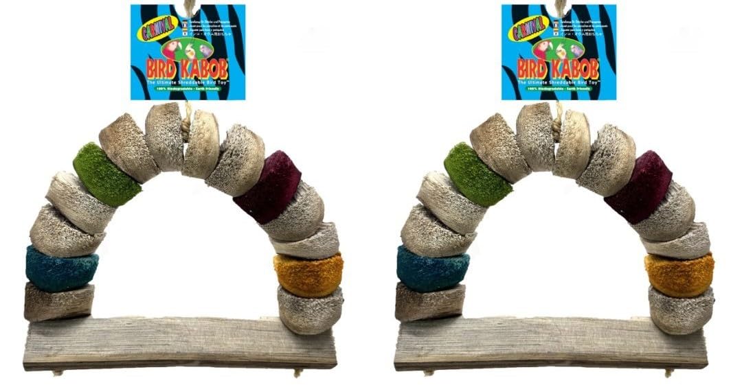 Bird Kabob Carnival 2-Pack toy on perch promotes chewing and mental stimulation.