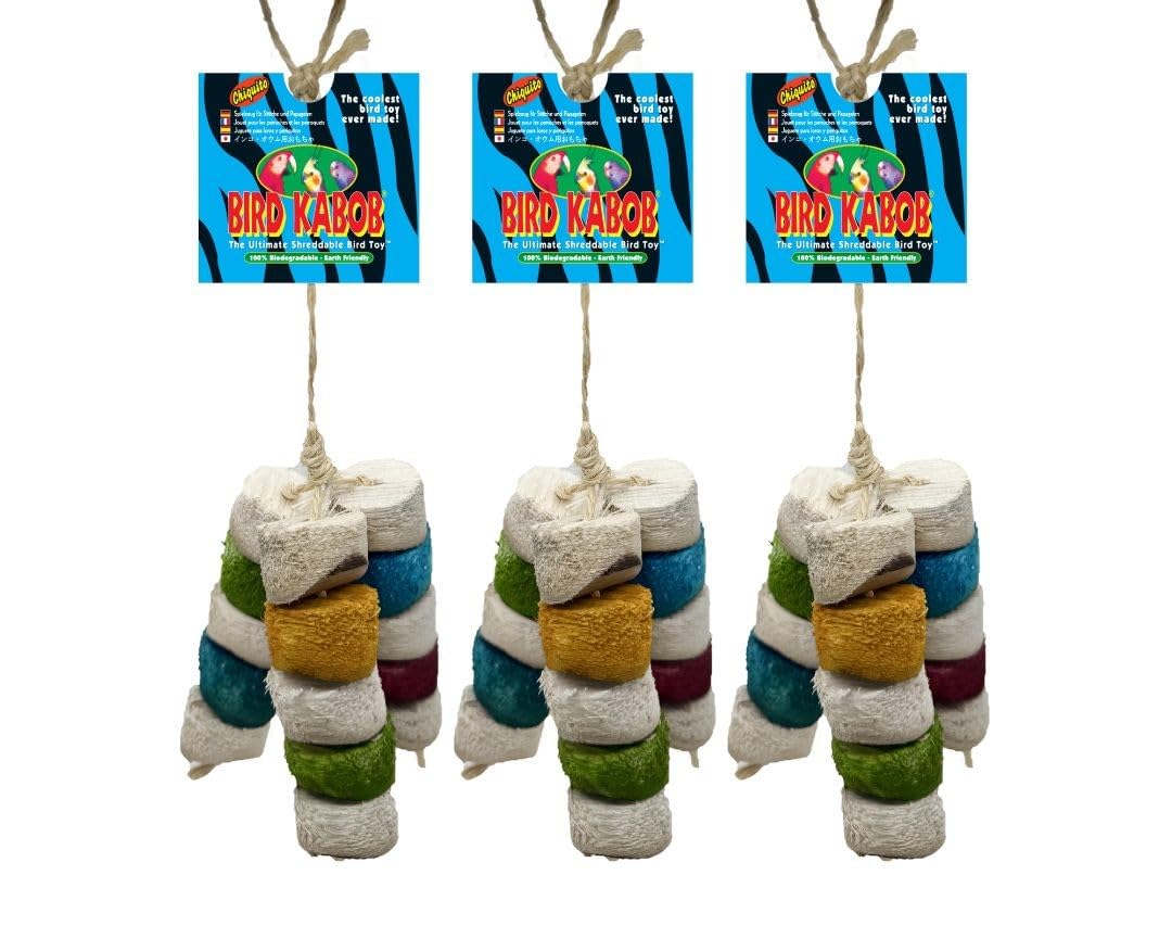 Bird Kabob Chiquito tri-pod bird toy with colored yucca chunks for shredding and enrichment.