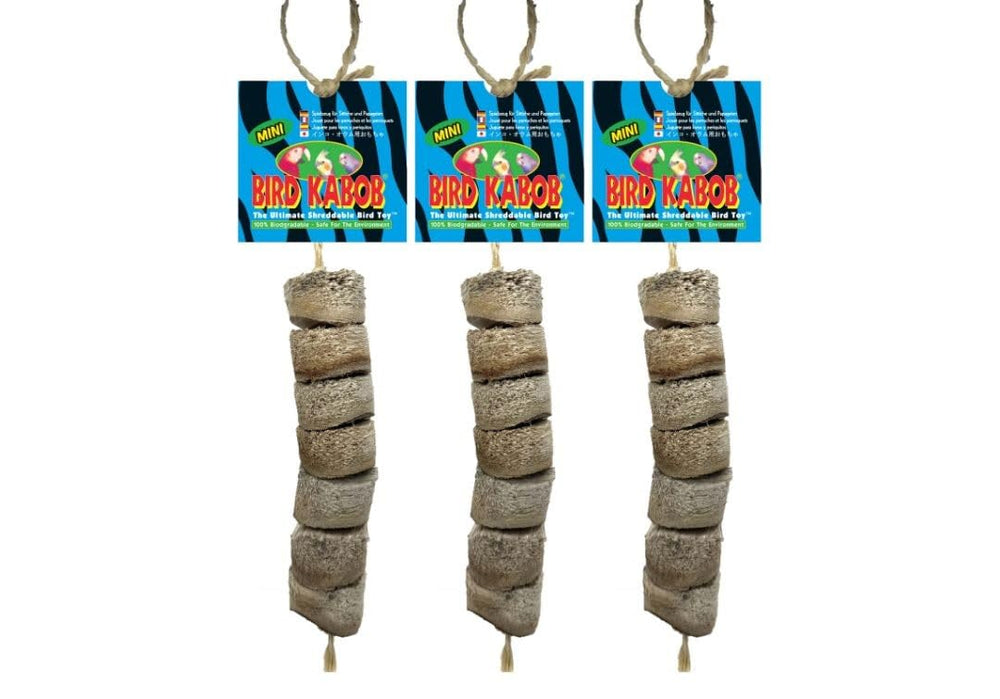 Bird Kabob Mini 3-Pack toy offers shreddable enrichment with biodegradable wood for birds.