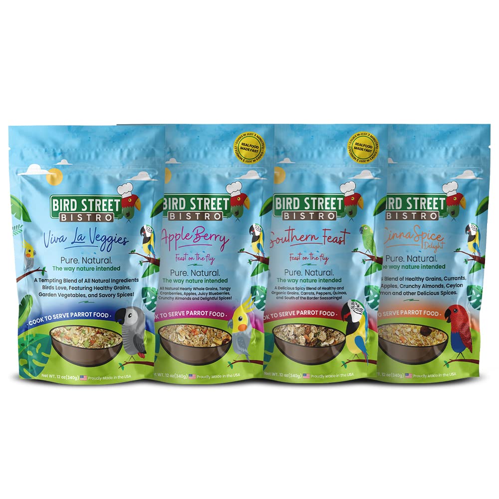 Bird Street Bistro parrot food packaging highlights all-natural ingredients for quick, balanced meals.