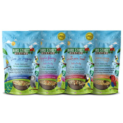 Bird Street Bistro parrot food packaging highlights all-natural ingredients for quick, balanced meals.