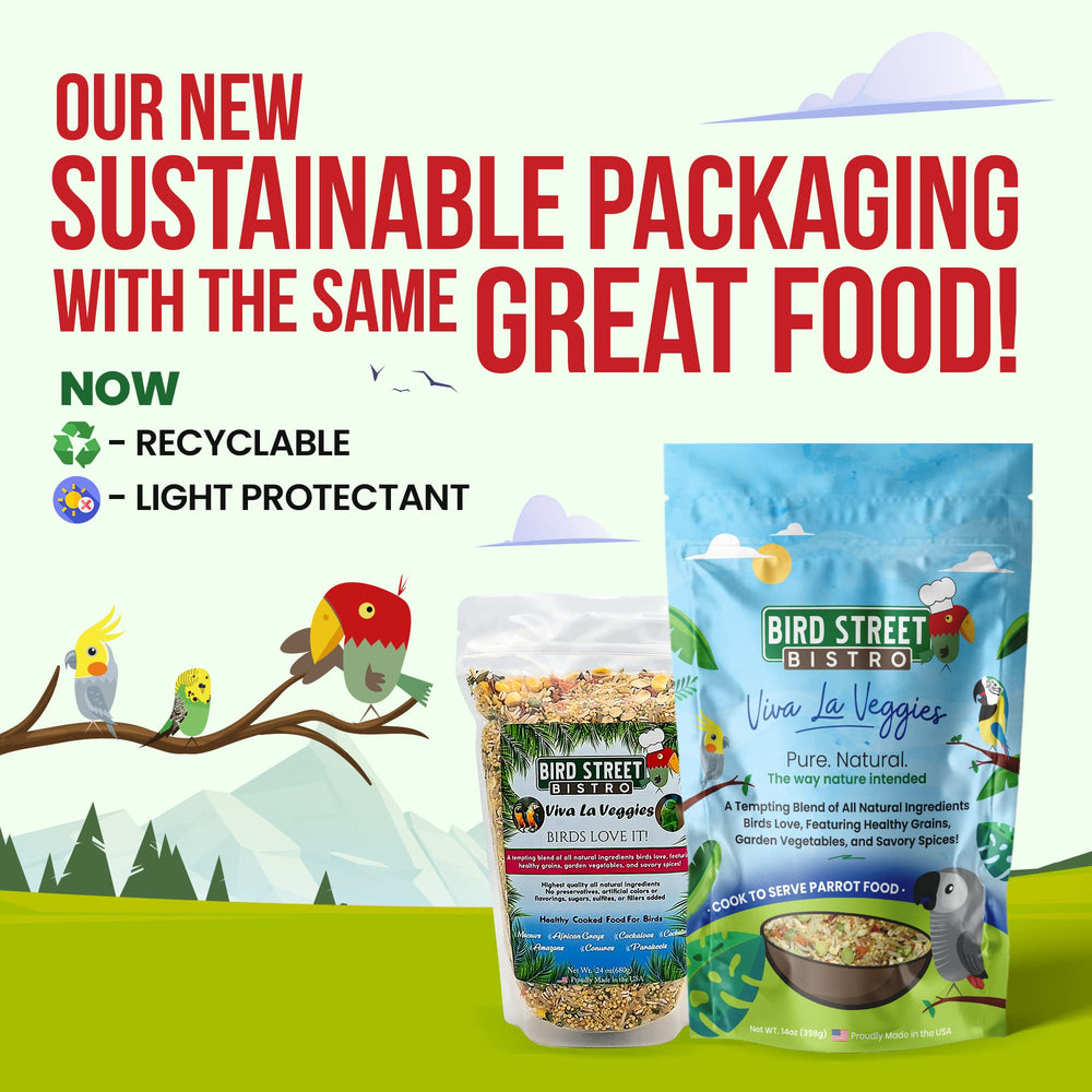 Bird Street Bistro variety-pack parrot food offers multiple flavors for enrichment and feeding variety.