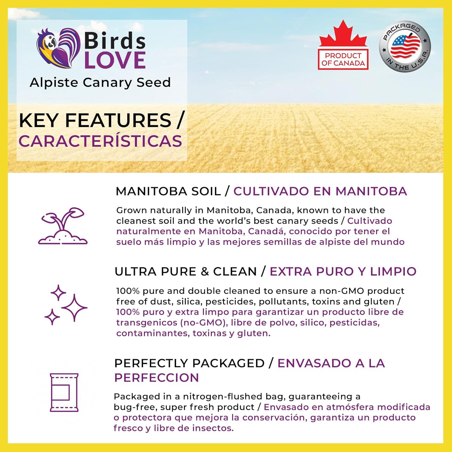 Birds LOVE Alpiste double-cleaned label indicates reduced dust during meals.