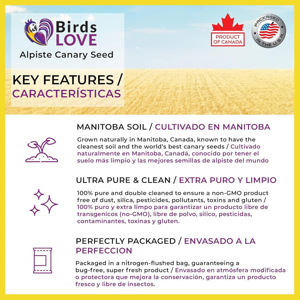 Birds LOVE Alpiste double-cleaned label indicates reduced dust during meals.