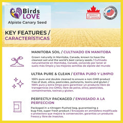 Birds LOVE Alpiste double-cleaned label indicates reduced dust during meals.