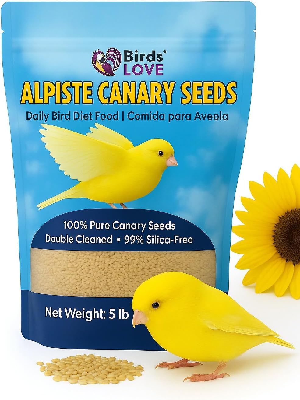 Birds LOVE Alpiste seed bag shows pure, dust-free canary seed for healthy feeding.