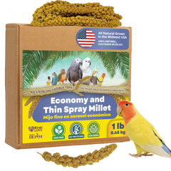 Birds LOVE Economy spray millet packaging shows a ready-to-serve healthy treat for birds
