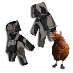Birdy Bootie gray camouflage worn on a chicken foot for protective recovery