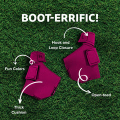 Birdy Bootie pink on-bird foot demonstrates secure fit during active outdoor exploration.