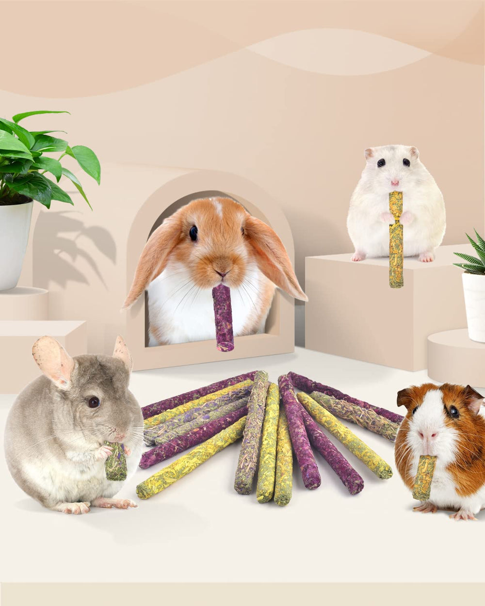 Bissap rabbit chew sticks bright-colors closeup attracts chewing and play.