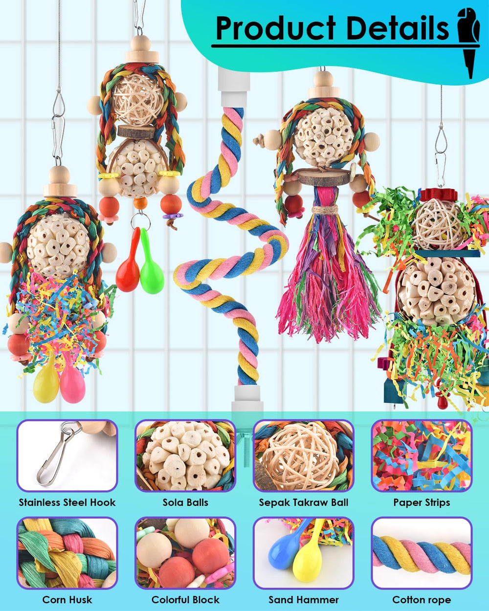 Bissap Conure Toys sola-balls-sand-hammer highlights safe chewable components and soft texture.