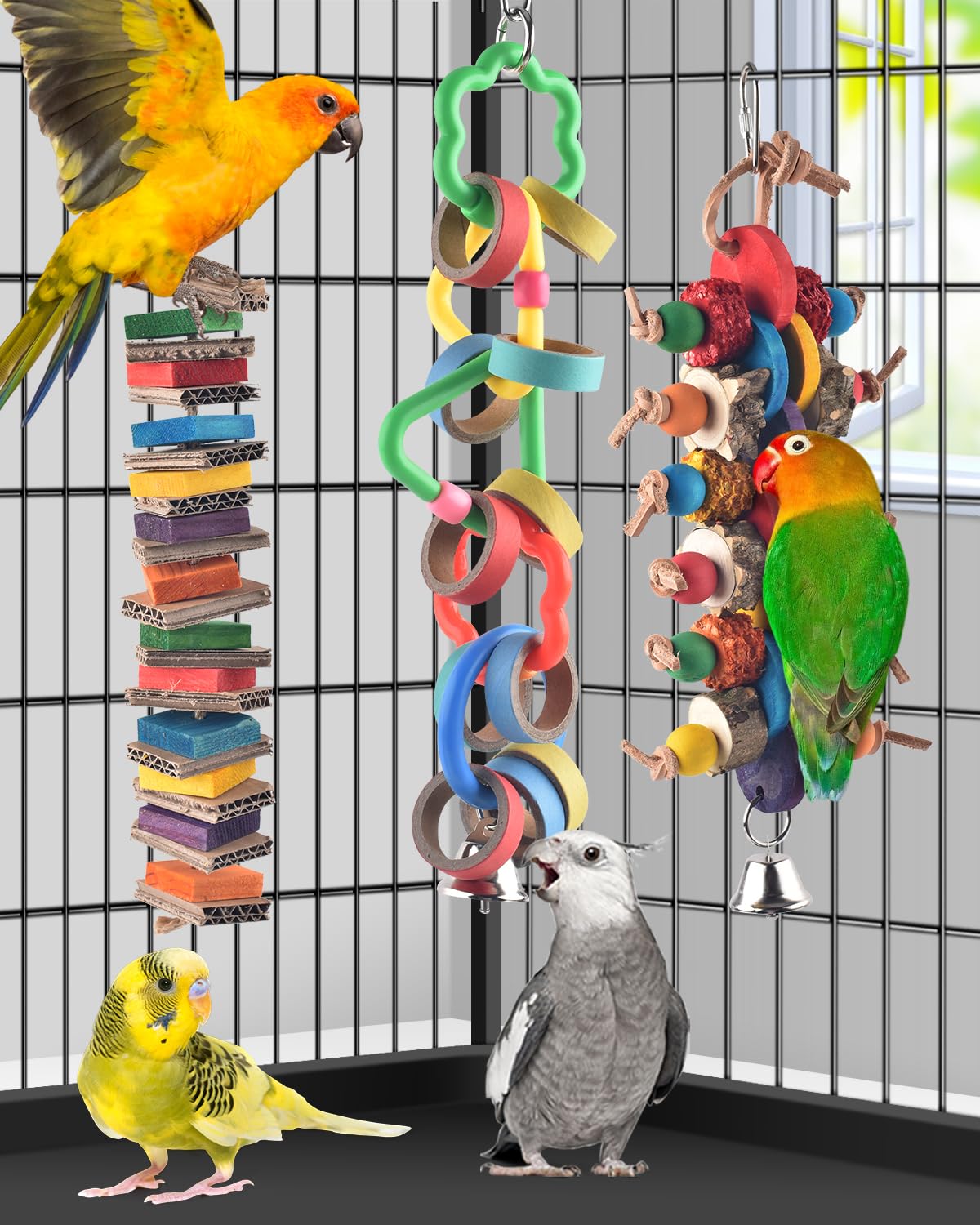Bissap layered design keeps birds curious and focuses attention on multiple chew sites.