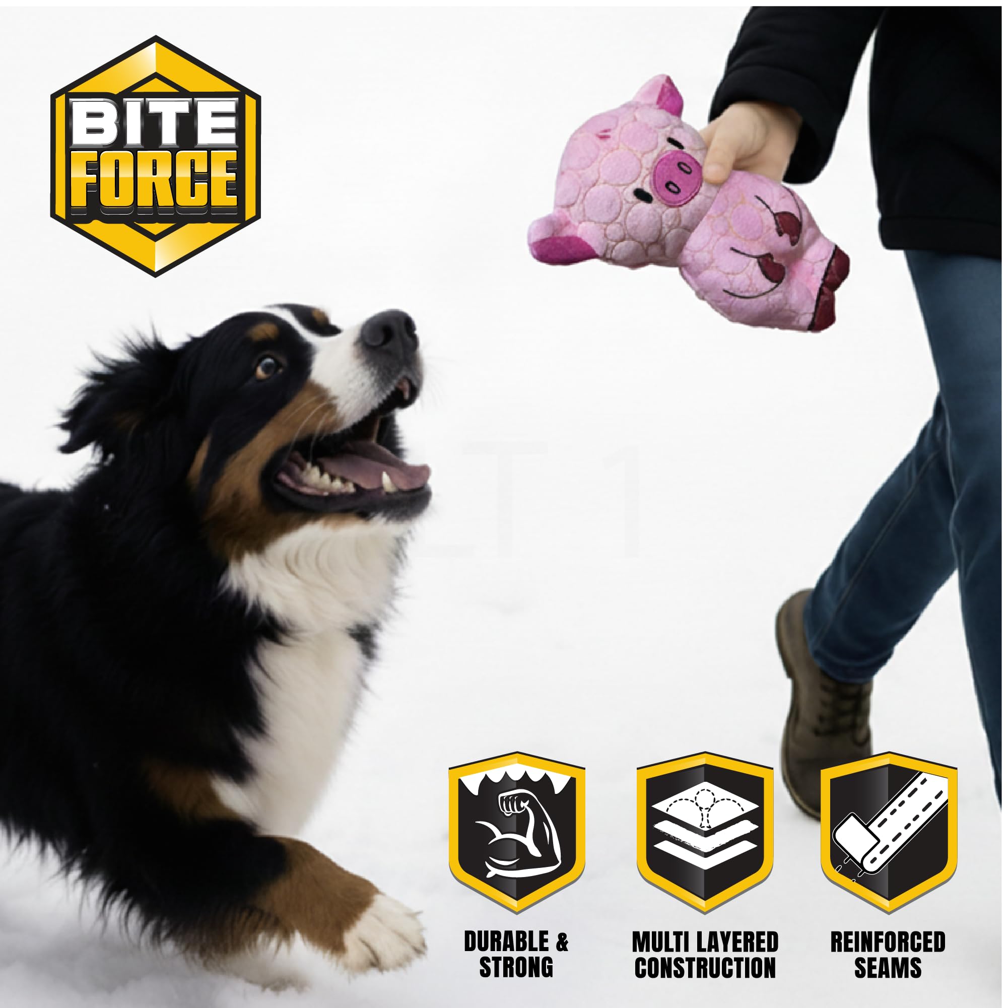 Bite Force durable plush pink dog toy ready for rough chewers