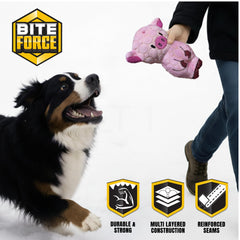 Bite Force durable plush pink dog toy ready for rough chewers