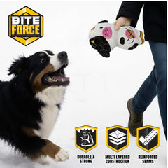 Bite Force plush dog toy with squeaker for interactive indoor play.