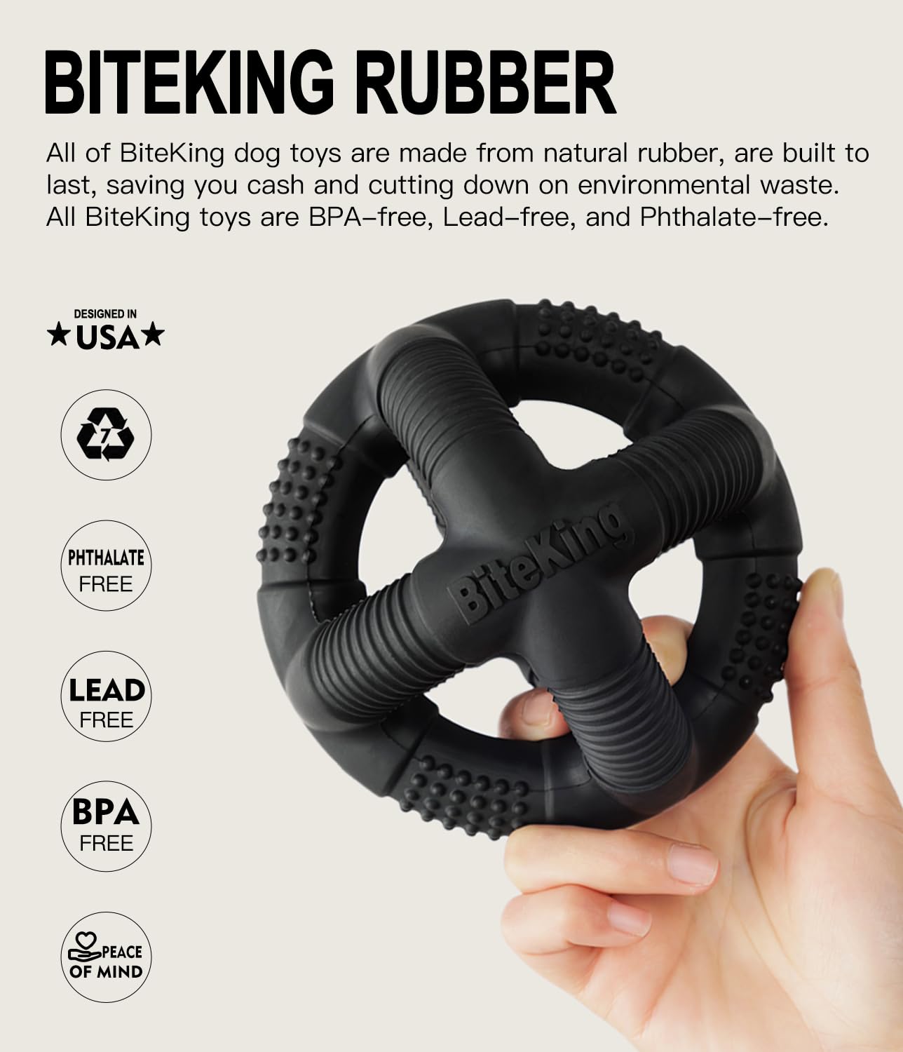 BiteKing natural rubber dog balls in-action fetch images emphasize durability and interactive play.