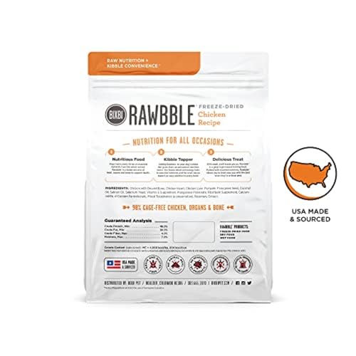 BIXBI Rawbble chicken recipe raw bites closeup shows protein-rich bite-size pieces
