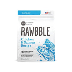 BIXBI Rawbble freeze-dried chicken and salmon bag highlights protein-rich nutrition.