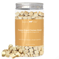 BLACK FOX Freeze-Dried Chicken Breast Treats bag—convenient training rewards for pets.