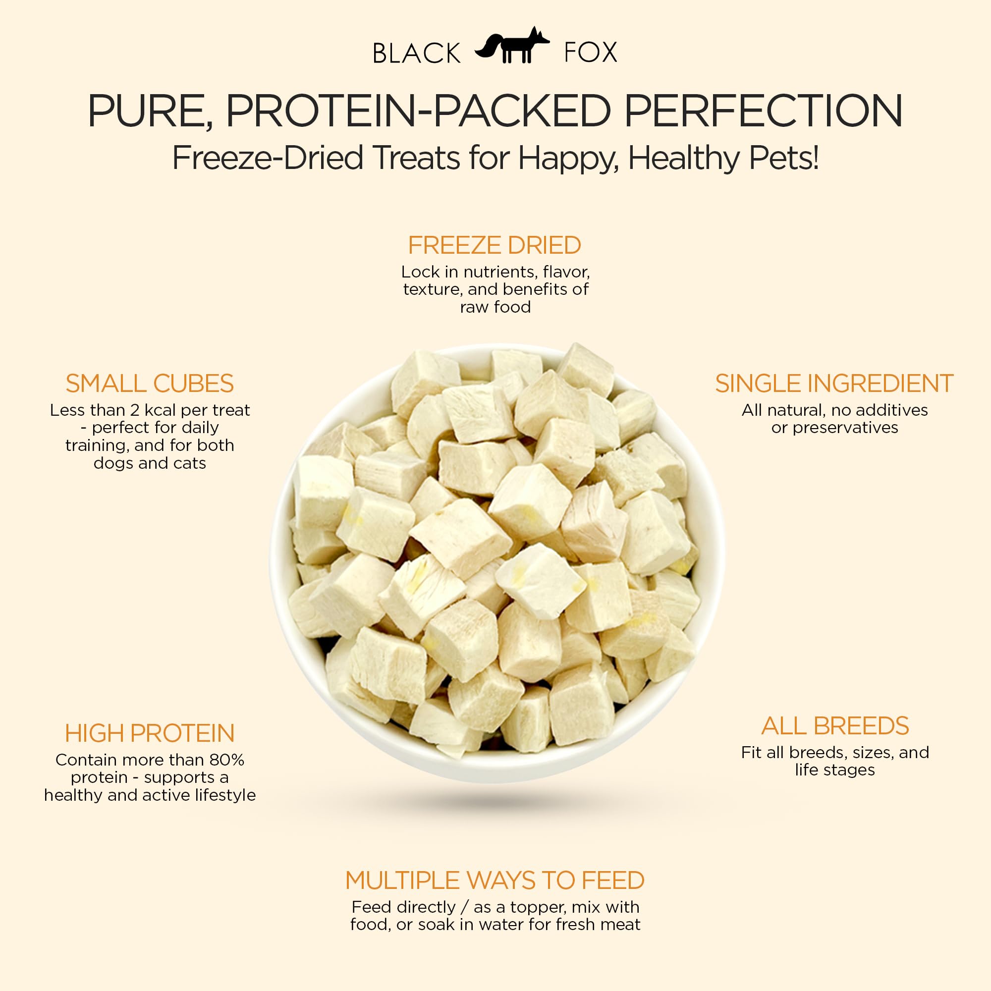Close-up of square treats—high-protein, crisp texture for active dogs and cats.
