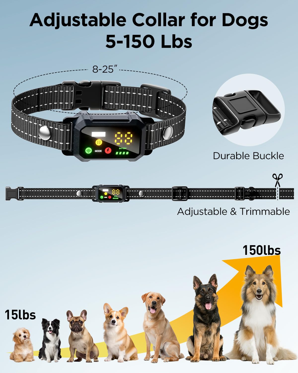 BLACKDOG adjustable-strap-8-25inch shows comfortable fit for dogs 5-150 lbs.