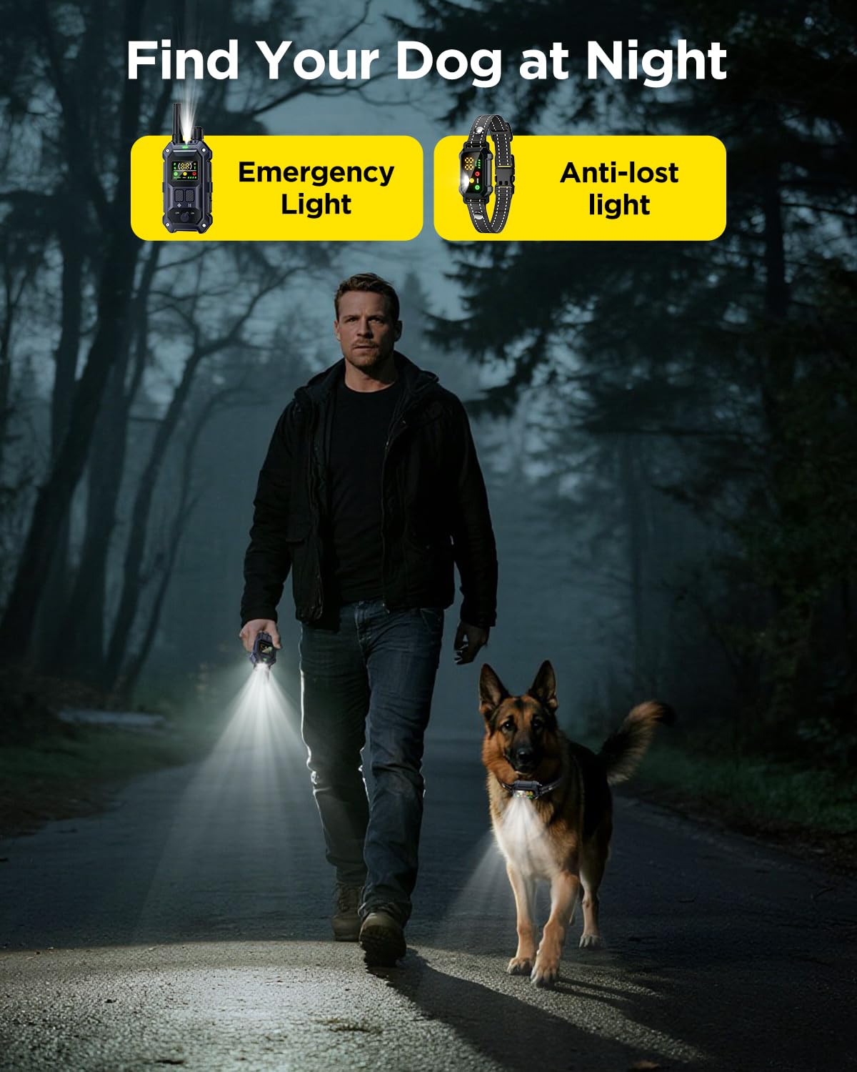 BLACKDOG collar-strobe-light demonstrates tracking aid during dusk hikes.