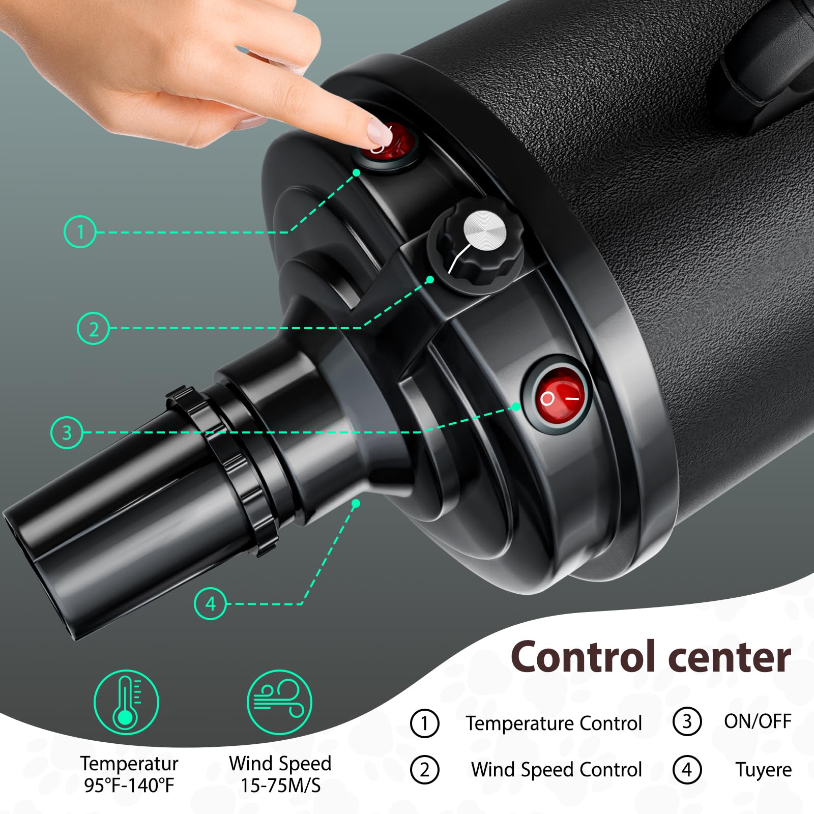 Blanlody dog dryer hose extended demonstrates easy reach during grooming.