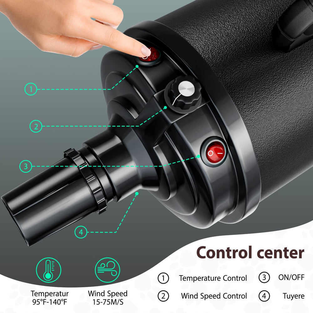 Blanlody dog dryer hose extended demonstrates easy reach during grooming.
