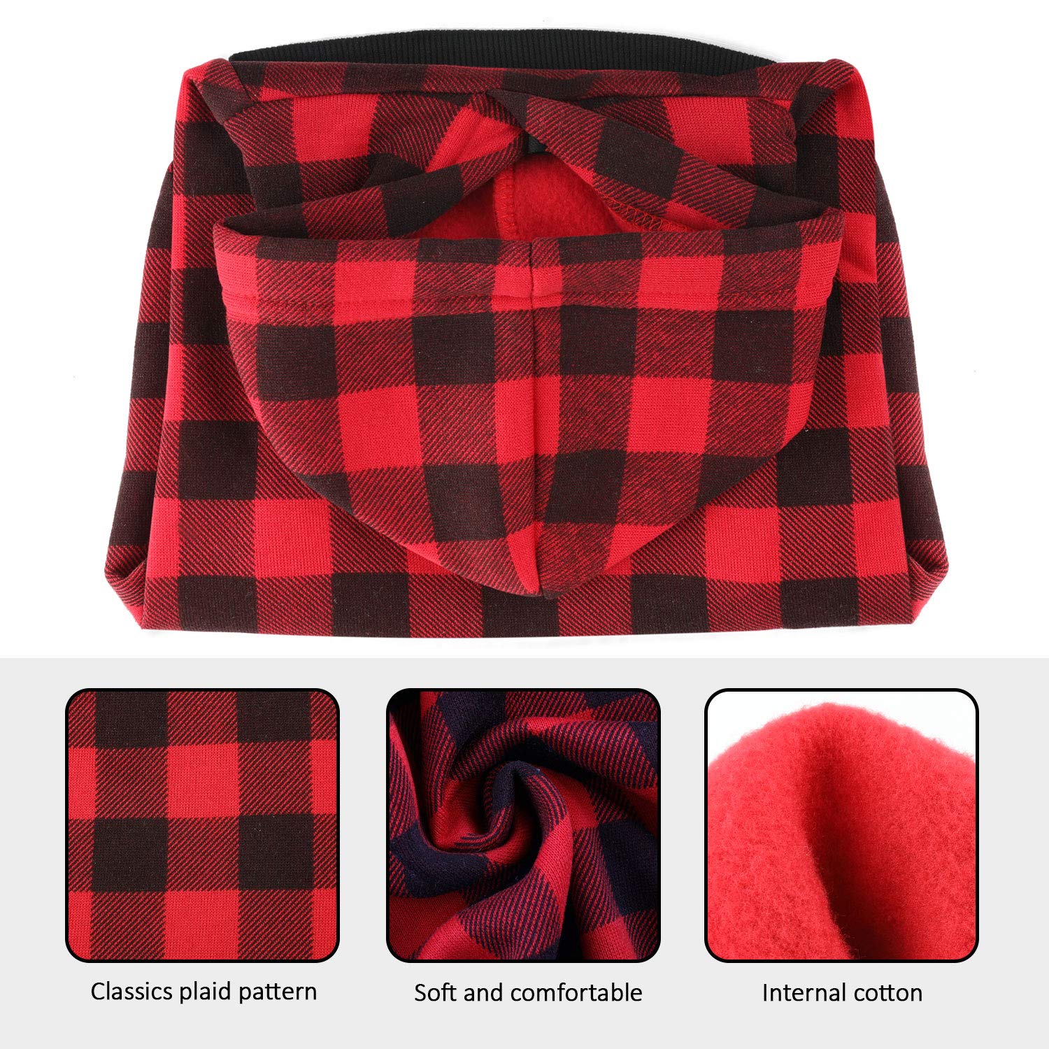Blaoicni plaid dog hoodie fabric close-up, soft polyester fleece texture.