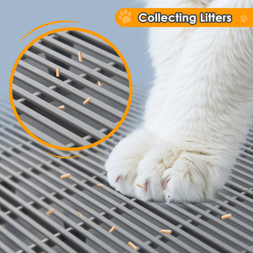 Blata litter-catching step side view highlights height-adjustable legs for accessibility.