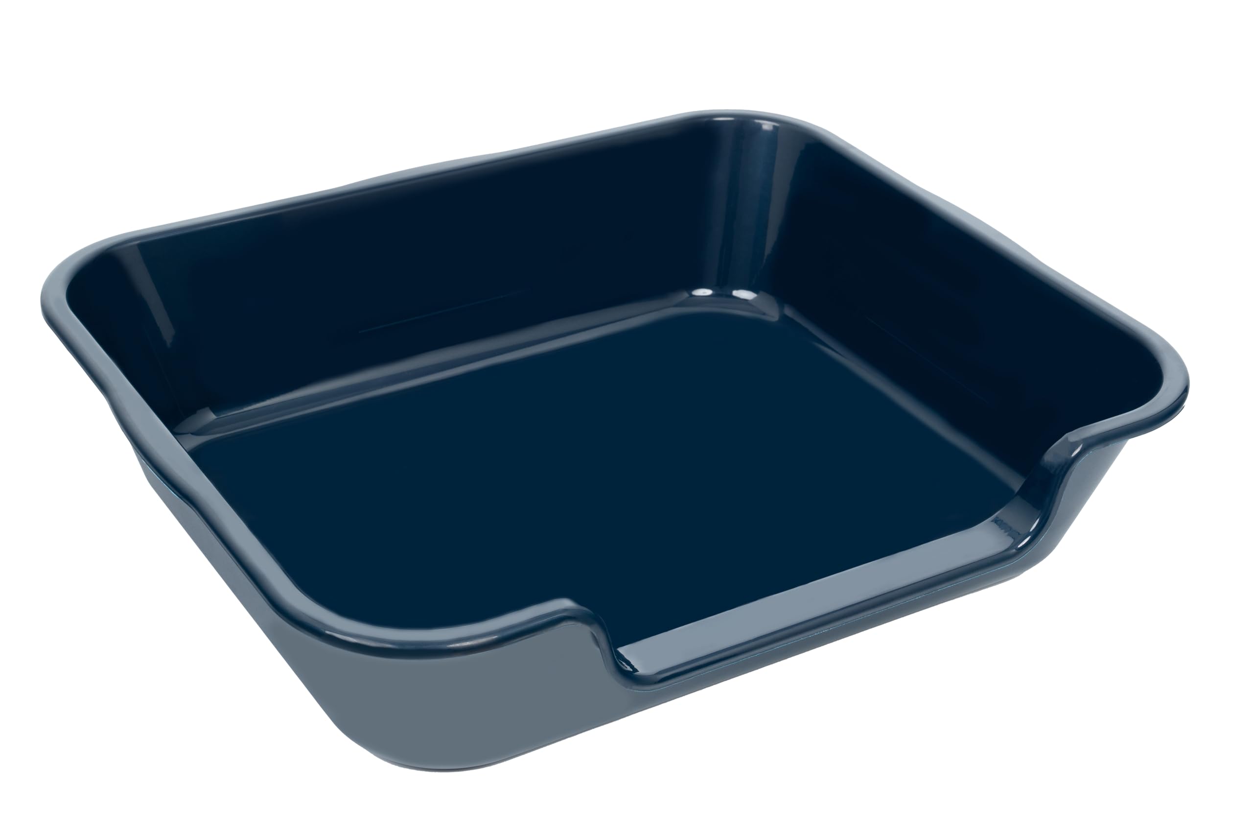 Blaucasa extra-large litter box front view in dark blue shows spacious use.