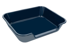 Blaucasa extra-large litter box front view in dark blue shows spacious use.