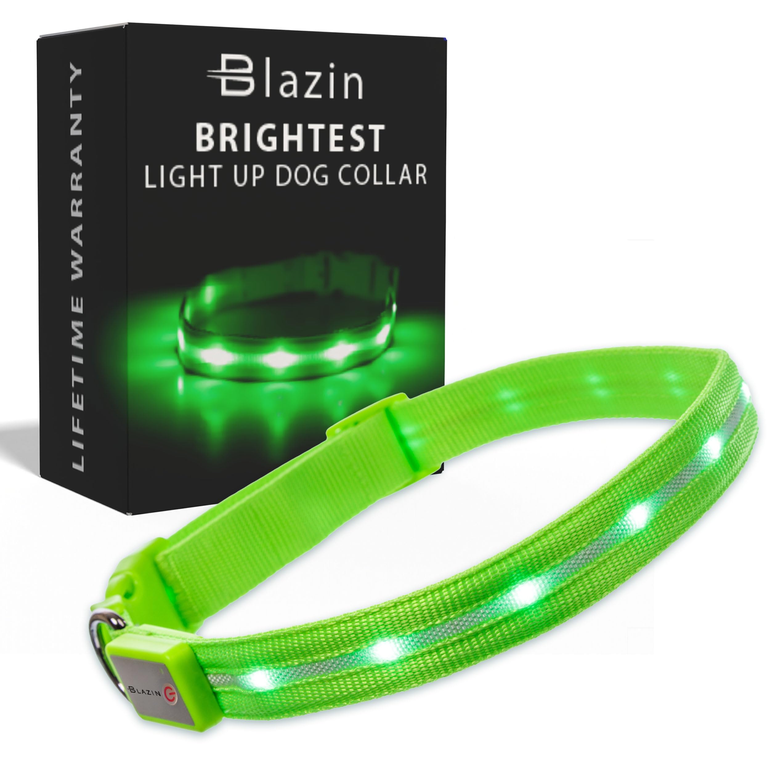 Blazin Light Up Dog Collar front view showing near-360 visibility for safer night walks.