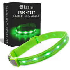 Blazin Light Up Dog Collar front view showing near-360 visibility for safer night walks.