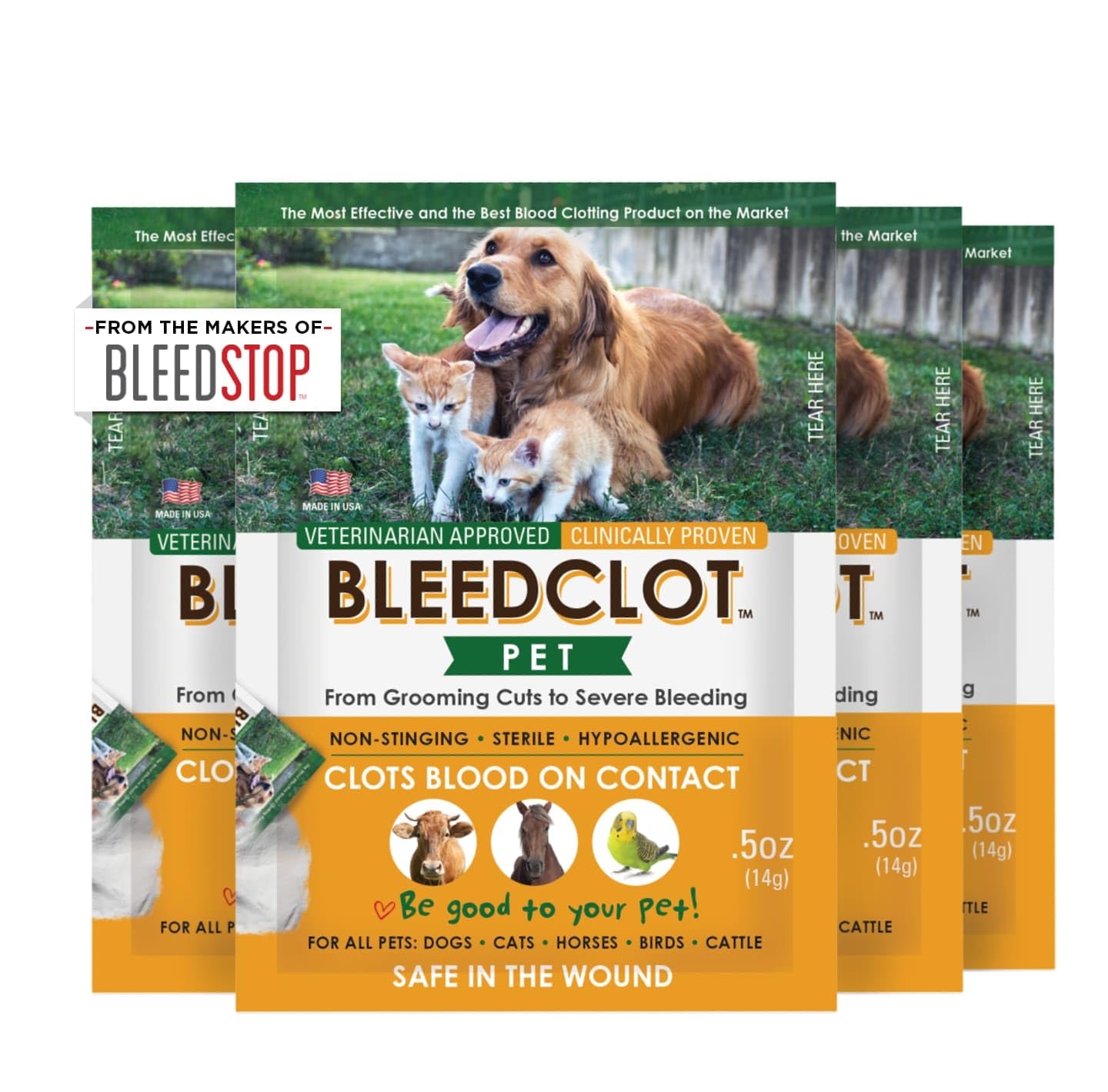 BleedClot Pet empaque con cuatro bolsas para emergencias en el establo