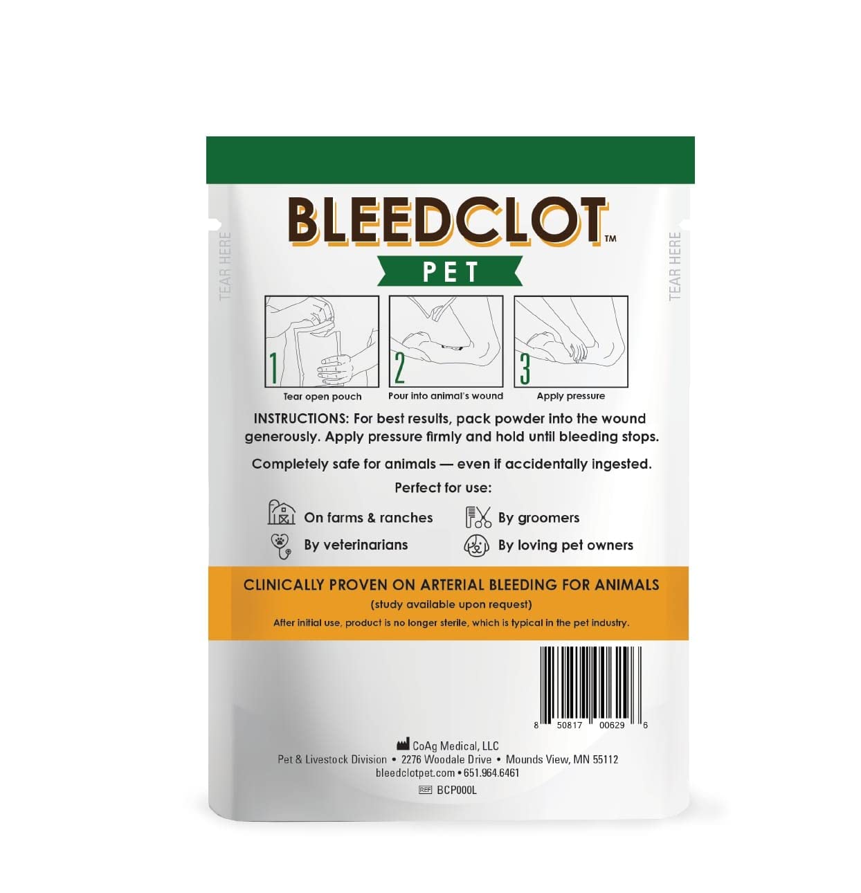 BleedClot Pet powder applied in stall setting to aid animal first aid.