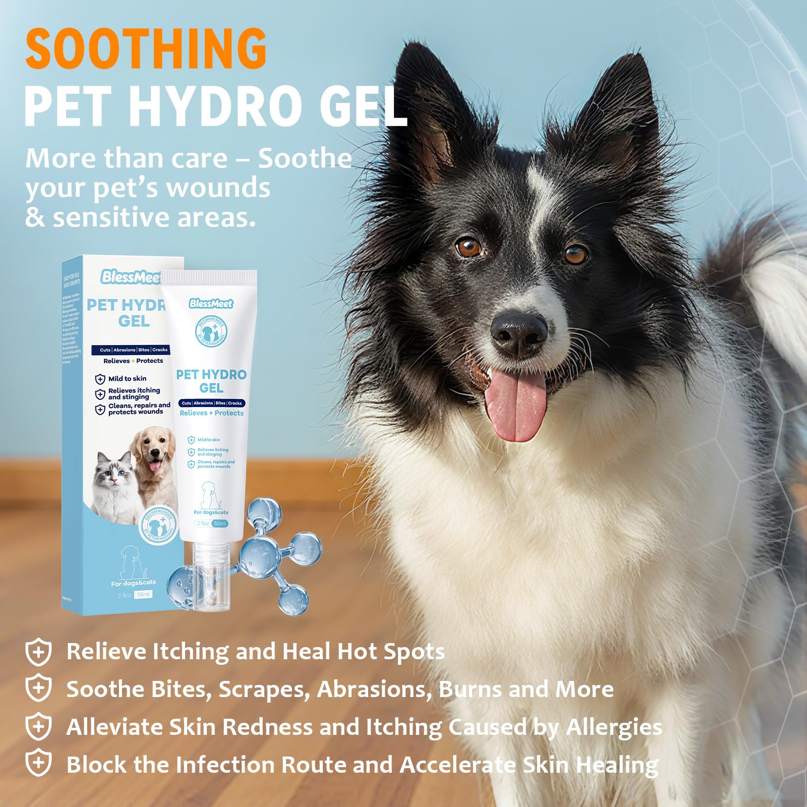 BlessMeet dog hot spot gel application shows easy, targeted treatment for itchy skin areas.