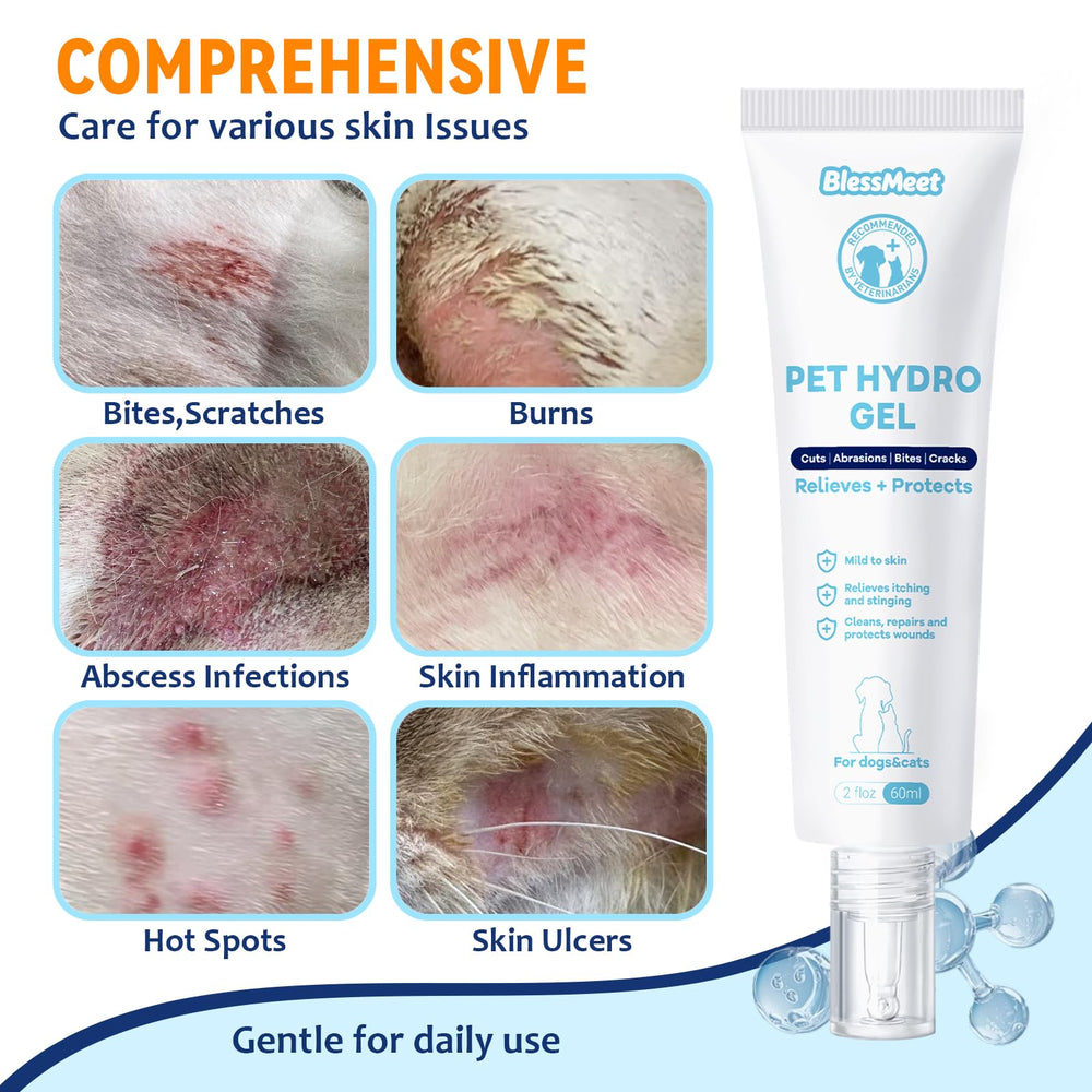 BlessMeet hypochlorous acid pet gel emphasizes safe, no-rinse wound care even if licked.