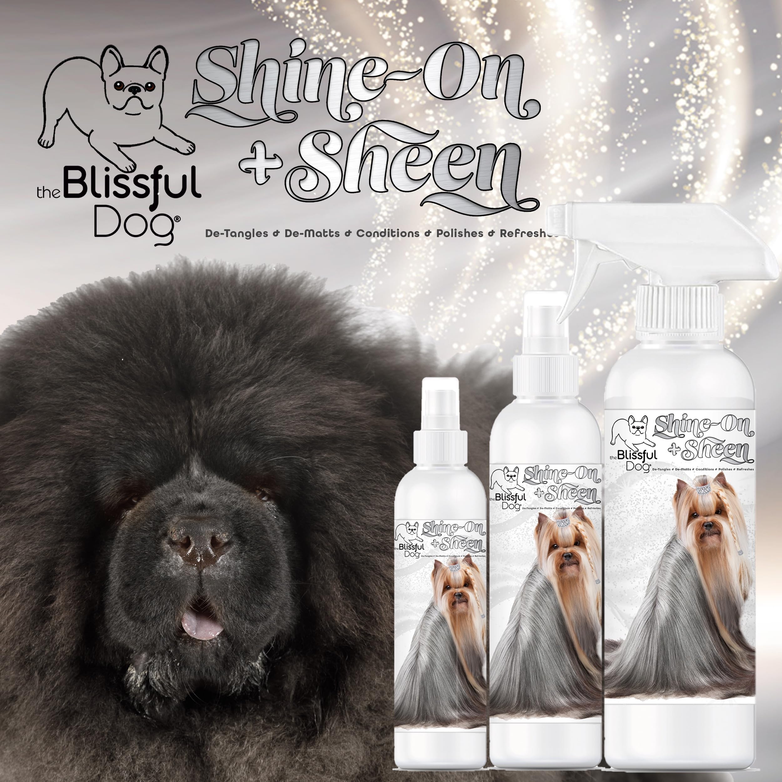 The Blissful Dog Shine-On sensitive-skin-label indicates gentle care for delicate pets.