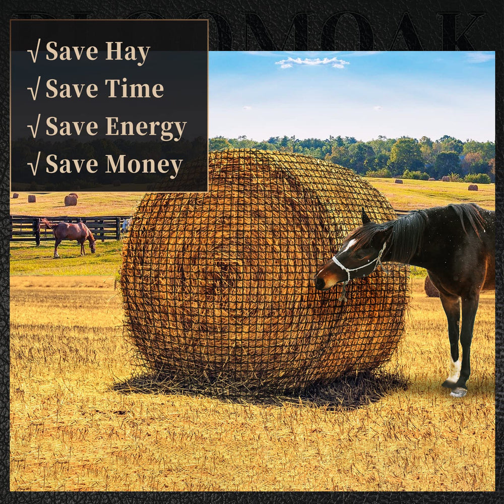 Bloomoak hay net used in wet weather keeps hay off ground, reducing waste.