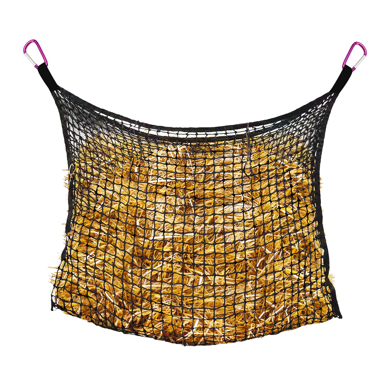 Bloomoak knotless slow-feed hay net in open-top view showing gentle mouth contact and steady hay access