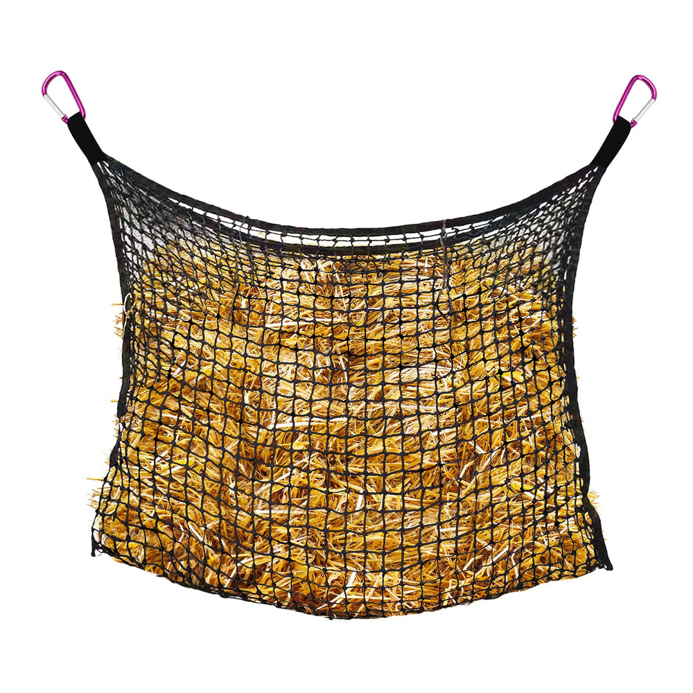Bloomoak knotless slow-feed hay net in open-top view showing gentle mouth contact and steady hay access