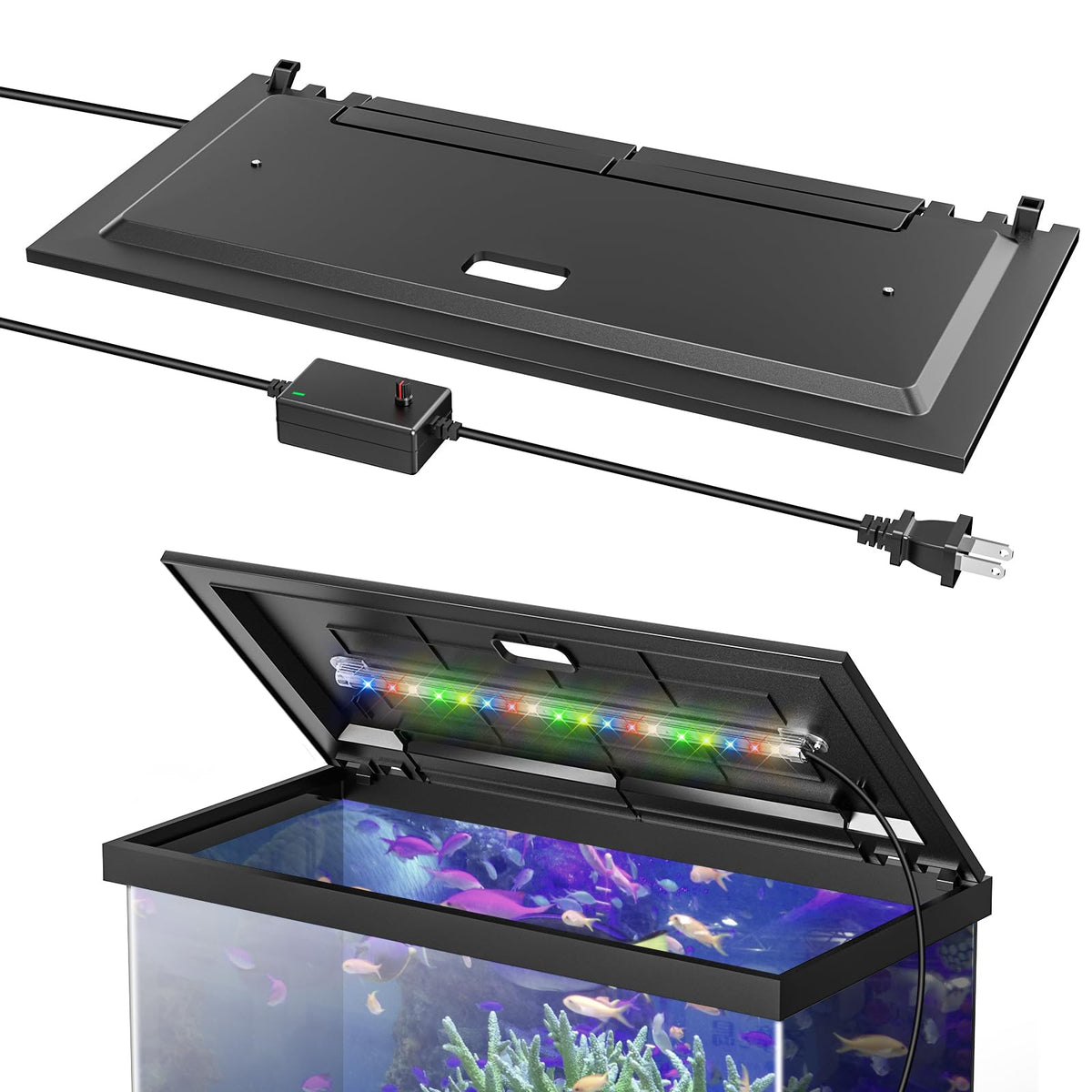 Blosail LED Aquarium Hood lid with light secures tank and reduces evaporation.