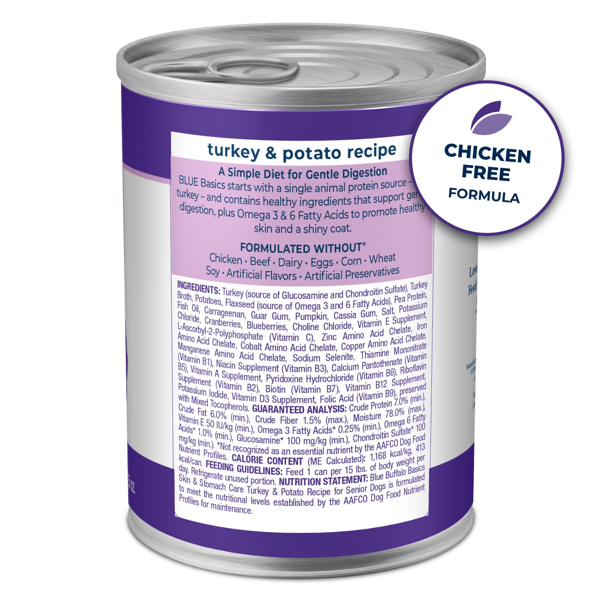 Blue Buffalo Basics grain-free wet dog food highlights grain-free formula for gluten-free diets.