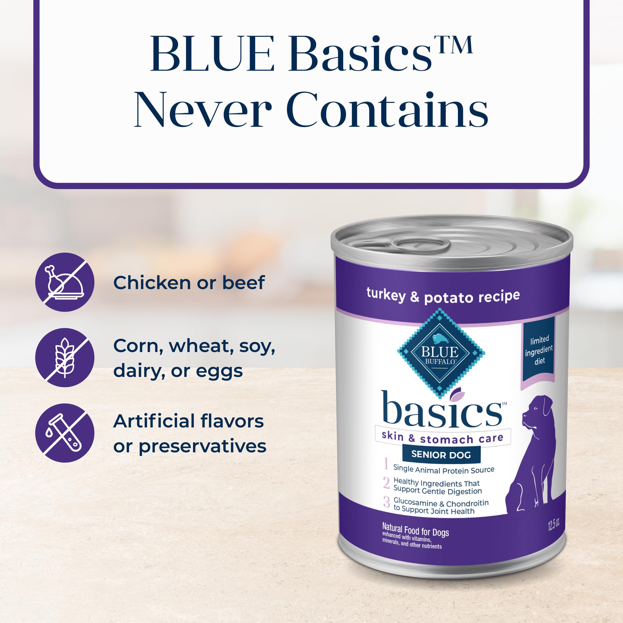 Blue Buffalo Basics turkey and potato recipe image showing meal texture for seniors.