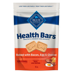 Blue Buffalo Health Bars bacon egg cheese biscuits ready in a 16oz bag for rewards.