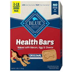 Blue Buffalo Health Bars bacon egg cheese crunchy treats box emphasizes oven baked crunch