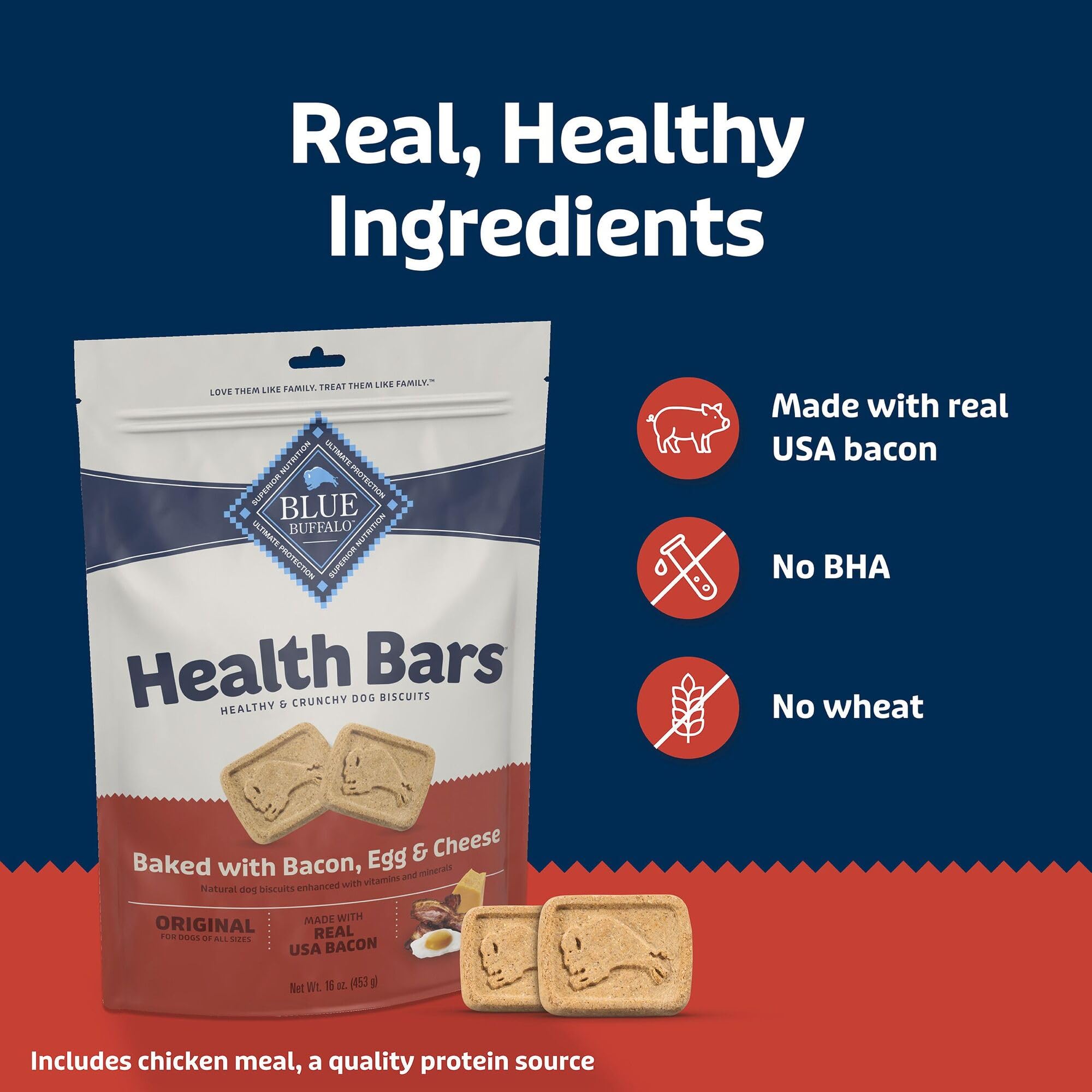 Blue Buffalo Health Bars no poultry by-products shown on label.
