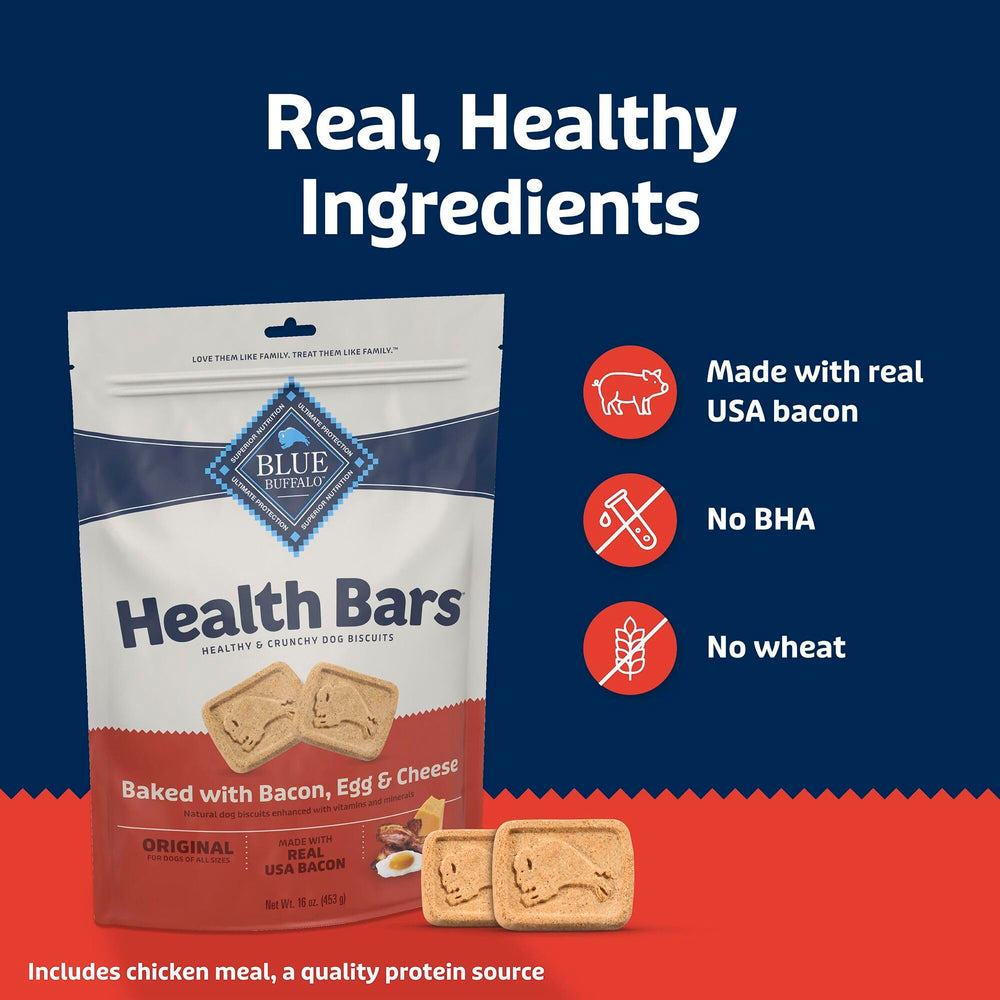 Blue Buffalo Health Bars no poultry by-products shown on label.