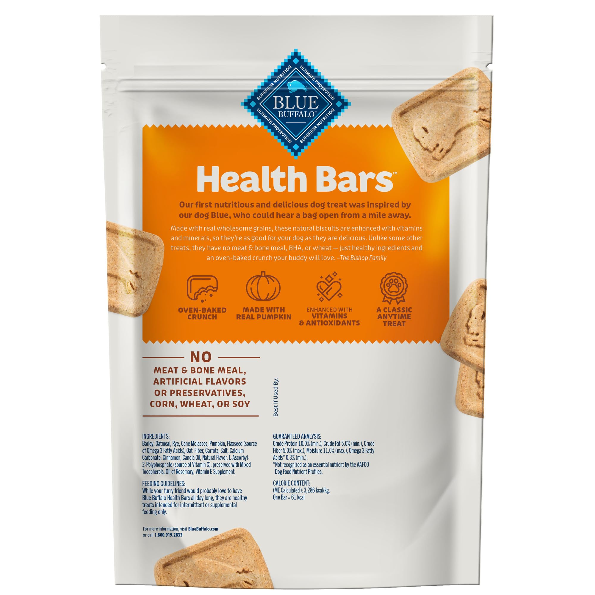 Blue Buffalo Health Bars pumpkin oatmeal cinnamon ingredients close-up, natural treat components.
